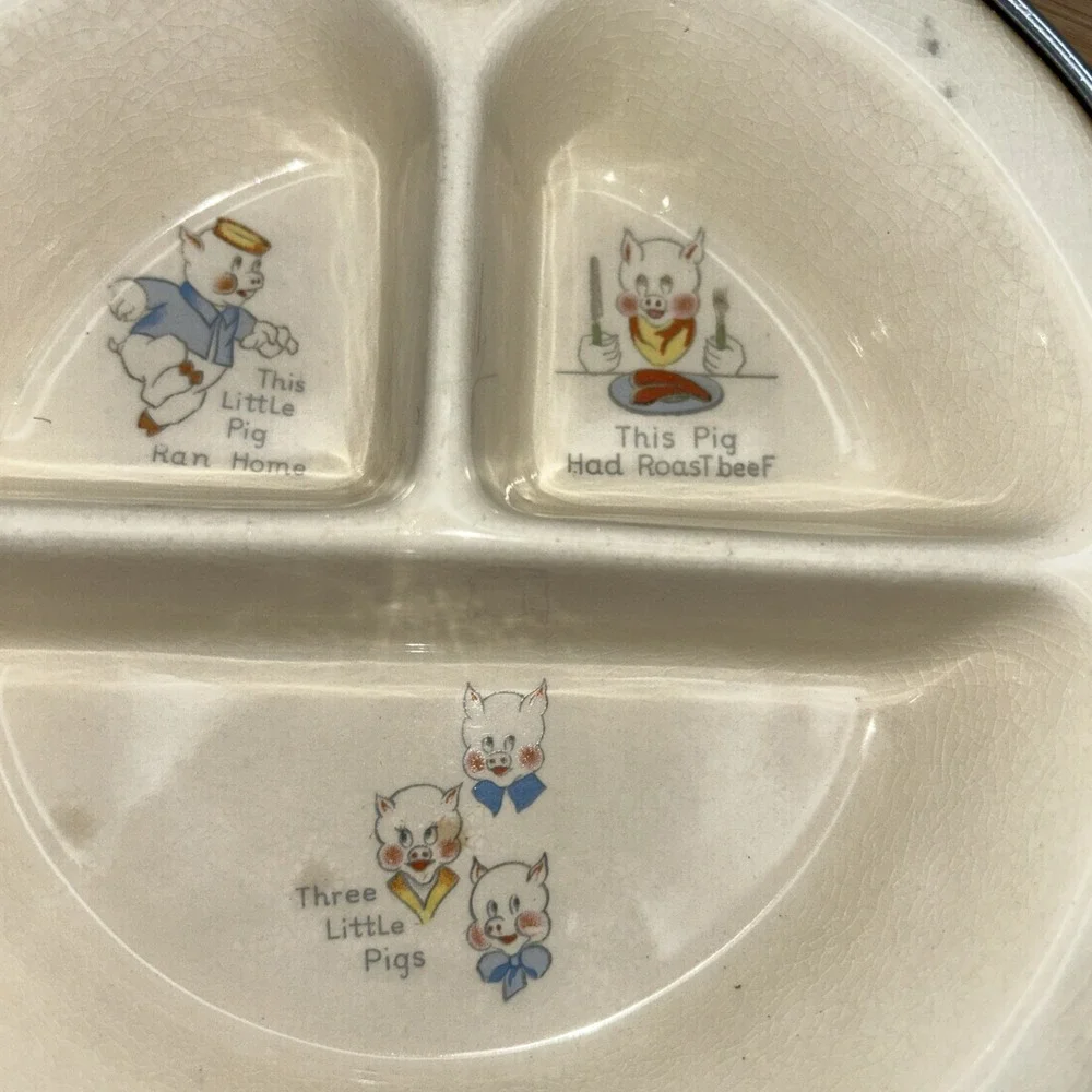 Excello Hot Water Baby Food Warming Dish Divided 3 Little Pigs USA Vintage 1940s